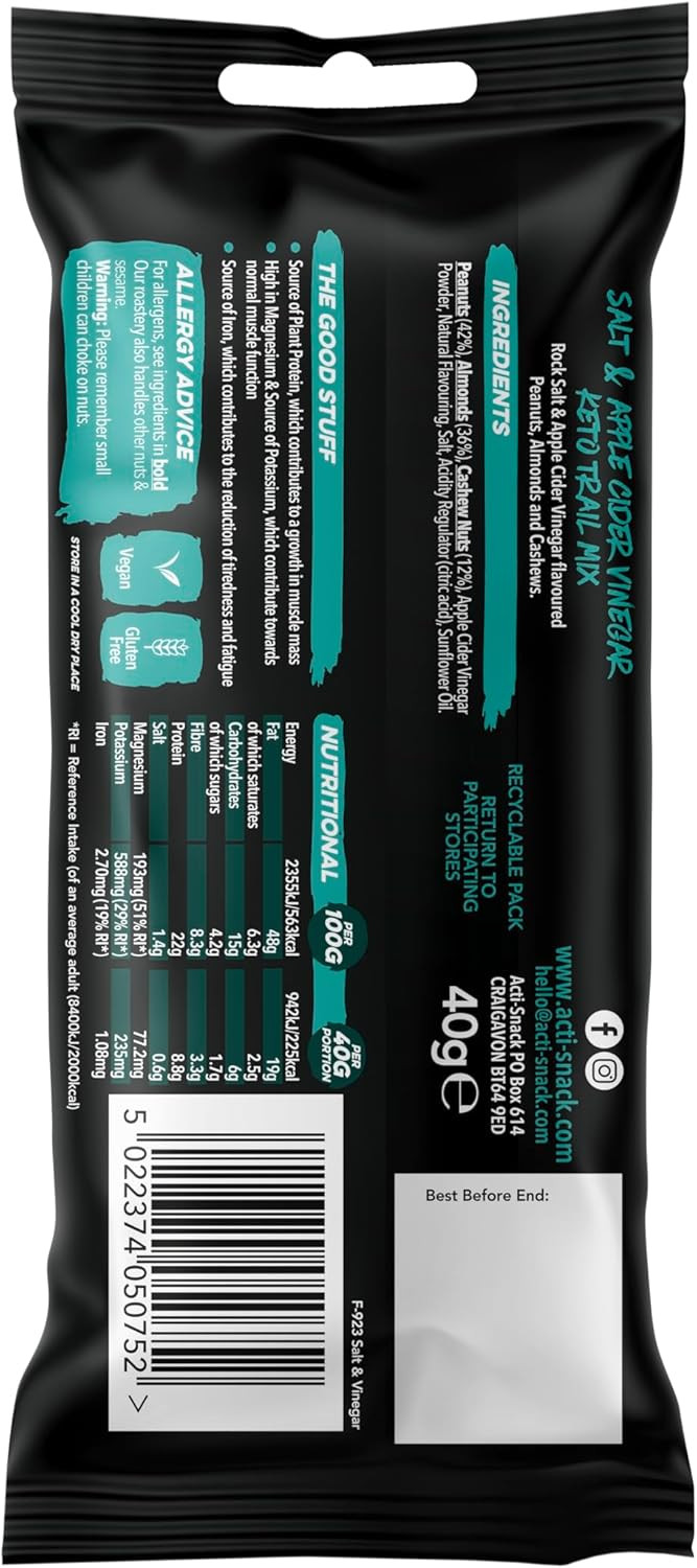 ACTI-SNACK Keto Crunch Salt & Apple Cider Vinegar 12 x 40g | Sports Nutrition Snacks, Protein on the Go - Salt and Vinegar Almonds, Cashews and Peanuts Nut Mix Snack