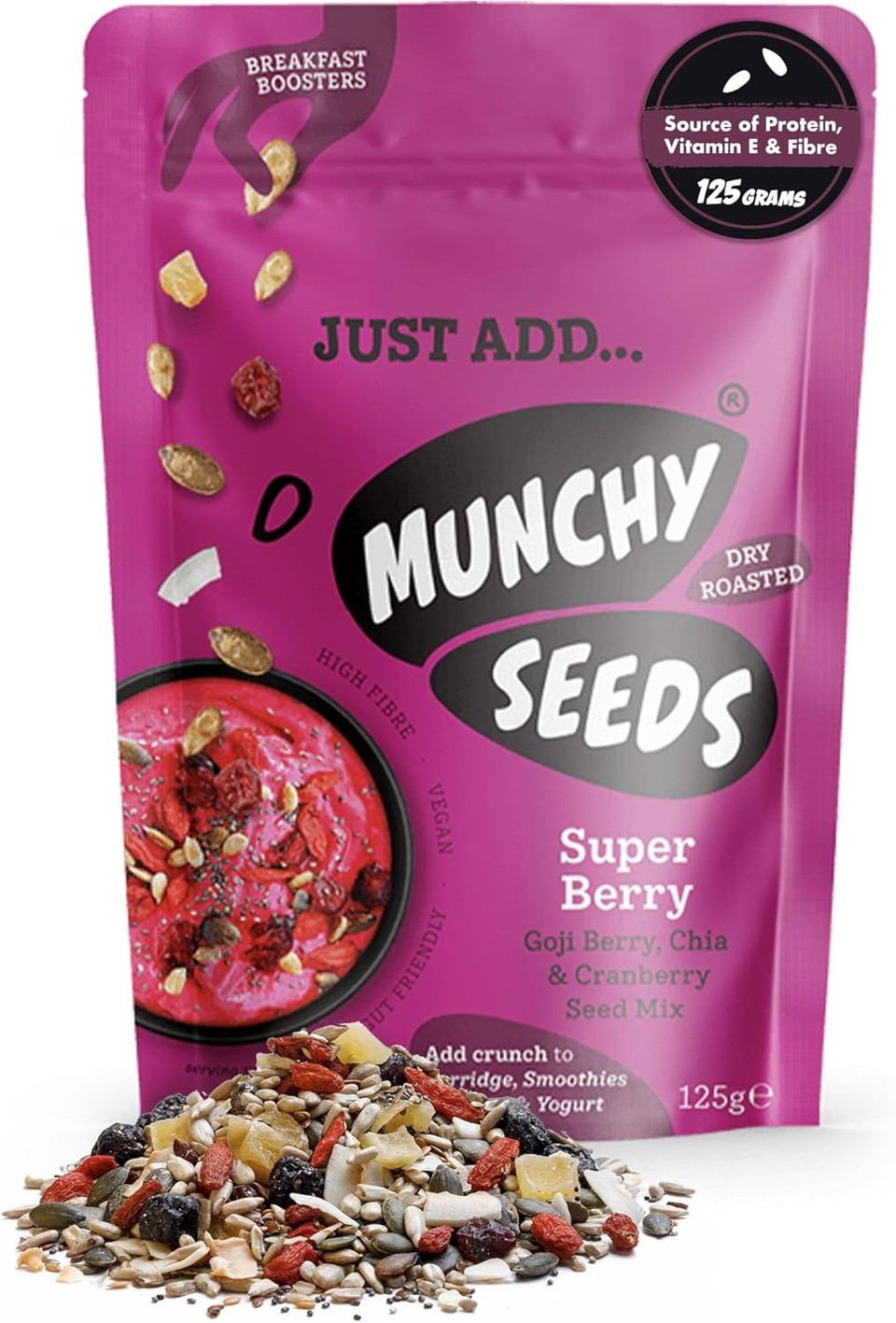 MUNCHY SEEDS Breakfast Booster SUPER BERRY 125g Breakfast Topper with Goji, Chia, Cranberry, Sunflower Seeds & Pumpkin Seeds. Sprinkle On Porridge, Fruit, Yoghurt Or Smoothie Vegan, Fibre Vitamin E