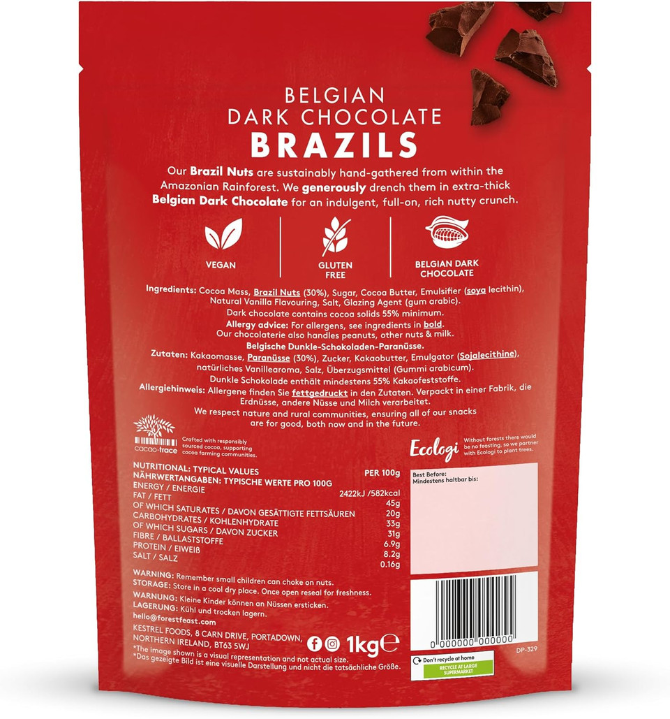 FOREST FEAST Belgian Dark Chocolate Brazil Nuts 1kg | Natural Gluten Free Snack Coated in Dark Chocolate, High Protein, Chocolate Covered Brazil Nuts, Whole Brazil Nuts FOREST FEAST Belgian Dark Chocolate Brazil Nuts 1kg | Natural Gluten Free Snack Coated in Dark Chocolate, High Protein, Chocolate Covered Brazil Nuts, Whole Brazil Nuts