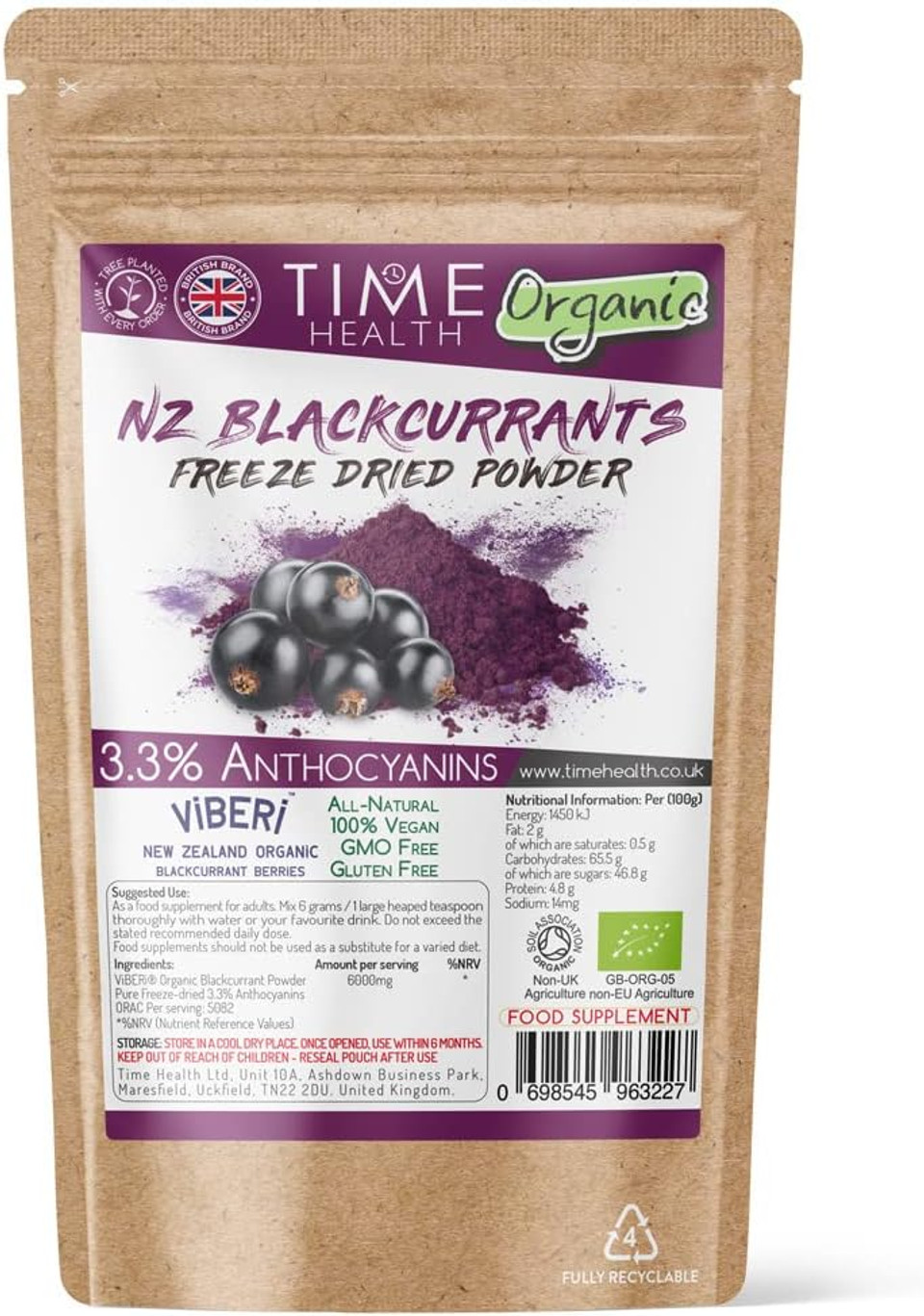 Premium ViBERi® Freeze-Dried Organic Blackcurrant Powder | Rich & Natural Source of Antioxidants | Anthocyanins | Vitamin C B E | Zero Additives (250g Powder Pouch)