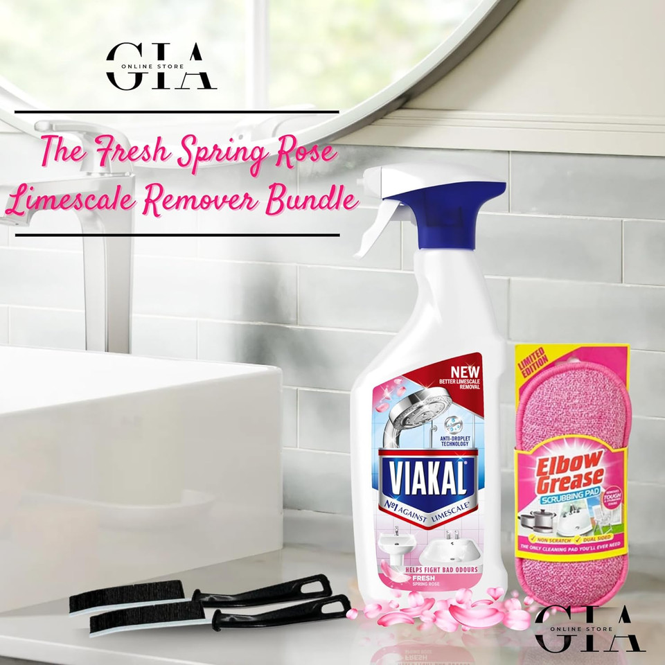 Spring Rose Limescale Remover Spray Bundle: Limescale Remover Spray 500ml, Bonus Pink Elbow Grease Scrubbing Pad & Crevice Brushes - Ideal for Limescale Removal on Toilet, Bathtub & Kitchen Surfaces