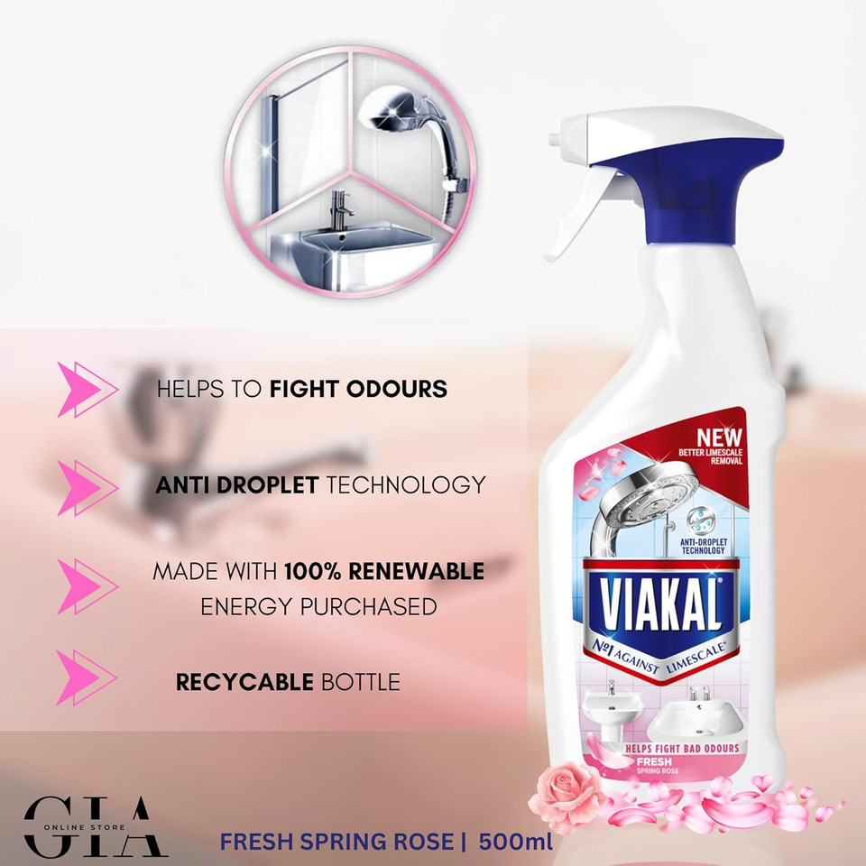 Spring Rose Limescale Remover Spray Bundle: Limescale Remover Spray 500ml, Bonus Pink Elbow Grease Scrubbing Pad & Crevice Brushes - Ideal for Limescale Removal on Toilet, Bathtub & Kitchen Surfaces