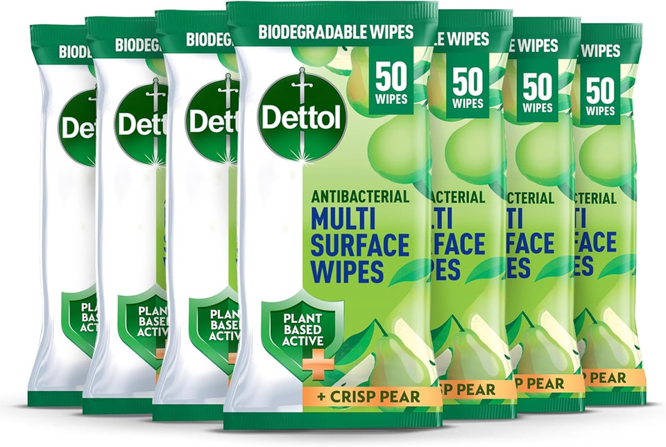 Dettol Antibacterial Multi Surface Cleaning Wipes, Crisp Pear, 50 Pack (7 x 50, Total 350 Wipes) Biodegradable, Plant-Based Active Ingredients, Household Disinfectant, Kills 99.9 Percent of Germs Dettol Antibacterial Multi Surface Cleaning Wipes, Crisp Pear, 50 Pack (7 x 50, Total 350 Wipes) Biodegradable, Plant-Based Active Ingredients, Household Disinfectant, Kills 99.9 Percent of Germs