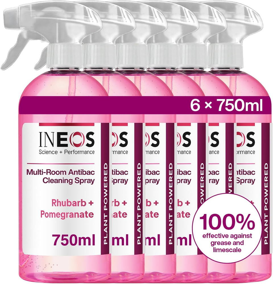 INEOS Next-Gen Cleaning Antibac Spray, 4.5L (750ml x 6), Multi-Room, Plant Powered, Limescale + Grease Remover, Kills 99.9% of Bacteria + Viruses, Rhubarb + Pomegranate, Packaging May Vary INEOS Next-Gen Cleaning Antibac Spray, 4.5L (750ml x 6), Multi-Room, Plant Powered, Limescale + Grease Remover, Kills 99.9% of Bacteria + Viruses, Rhubarb + Pomegranate, Packaging May Vary