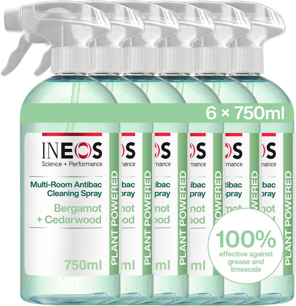 INEOS Next-Gen Cleaning Antibac Spray, 4.5L (750ml x 6), Multi-Room, Plant Powered, Limescale + Grease Remover, Kills 99.9% of Bacteria + Viruses, Bergamot + Cedarwood, Packaging May Vary INEOS Next-Gen Cleaning Antibac Spray, 4.5L (750ml x 6), Multi-Room, Plant Powered, Limescale + Grease Remover, Kills 99.9% of Bacteria + Viruses, Bergamot + Cedarwood, Packaging May Vary