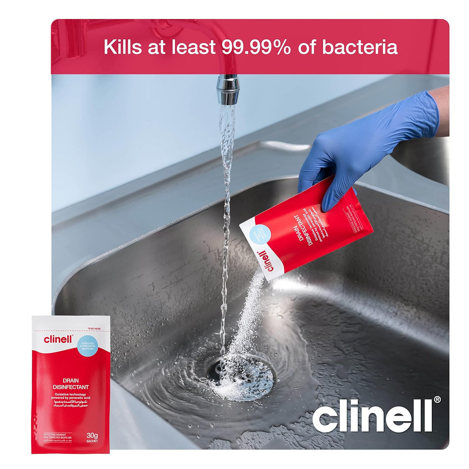 Clinell Drain Disinfectant - 24 x 30g Sachets - Perfect for Sinks & Shower Drains - Kills 99.99% of Germs Bacteria, Near-Neutral PH - Ideal for Professionals