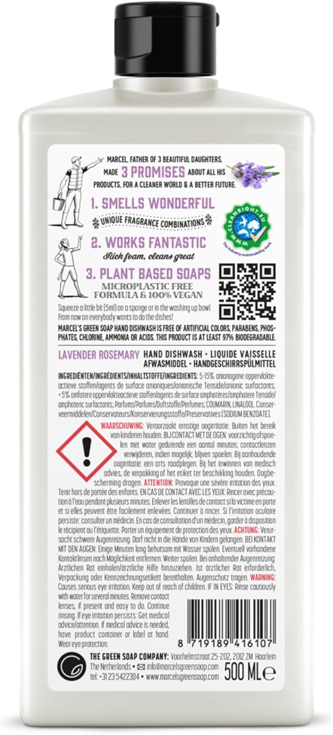 Marcel's Green Soap - Washing Up Liquid Lavender & Rosemary - Dishwashing Liquid - Vegan - Recycled Plastic - 97% Biodegradable - 500 ML