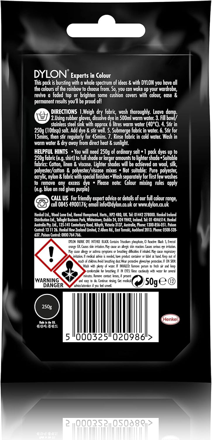 DYLON Hand Dye, Fabric Dye Sachet for Clothes, Soft Furnishings and Projects, 50 g - Intense Black