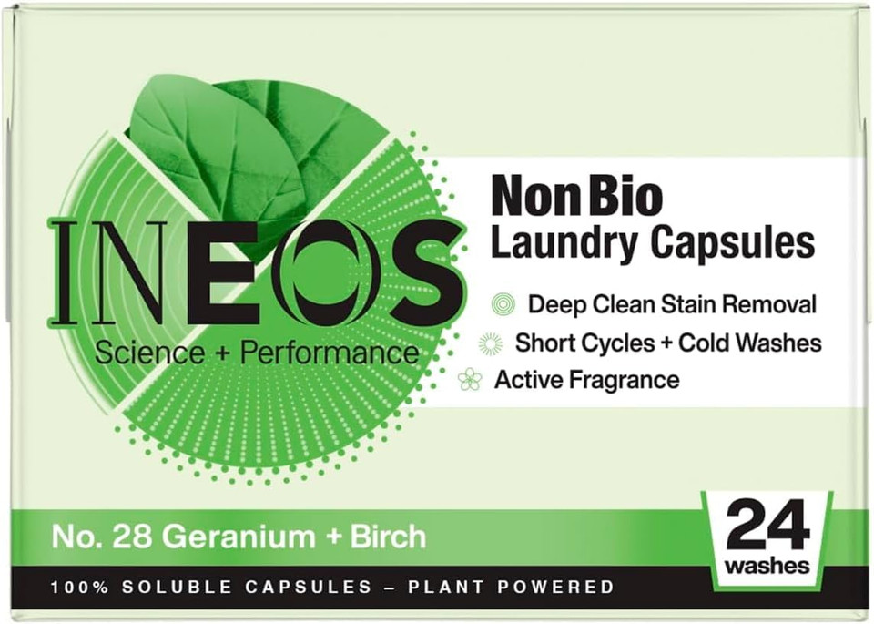 INEOS Non Bio Laundry Washing Capsules, 24 Washes, High Performance Stain Remover For Clothes, Soluble Capsules, Plant Powered, For Sensitive Skin, Geranium + Birch