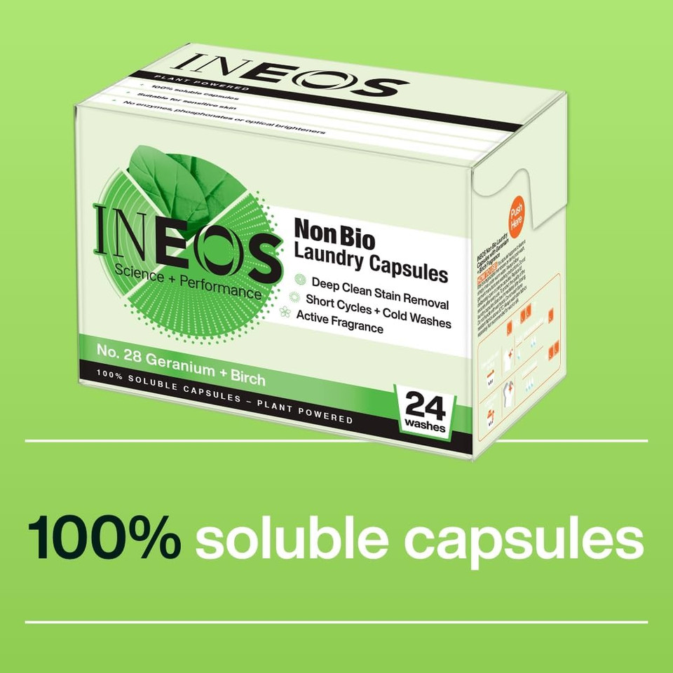INEOS Non Bio Laundry Washing Capsules, 24 Washes, High Performance Stain Remover For Clothes, Soluble Capsules, Plant Powered, For Sensitive Skin, Geranium + Birch