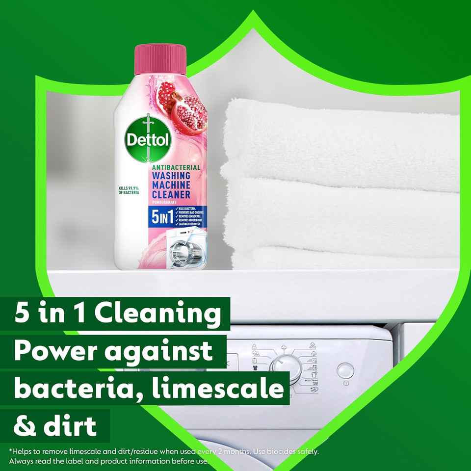 Dettol Pomegranate Washing Machine Cleaner, Antibacterial Liquid, Eliminates Bacteria, Odour, Limescale, Dirt, Pack of 6 x 250 ml, Fresh Scent, Deep Clean, Protects Appliance, Easy Use Dettol Pomegranate Washing Machine Cleaner, Antibacterial Liquid, Eliminates Bacteria, Odour, Limescale, Dirt, Pack of 6 x 250 ml, Fresh Scent, Deep Clean, Protects Appliance, Easy Use