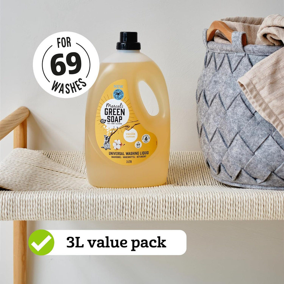 Marcel's Green Soap - Washing Liquid Cotton & Vanilla - Laundry Detergent - Palm oil free - Vegan - 97% Biodegradable - 3L - 69 wash loads