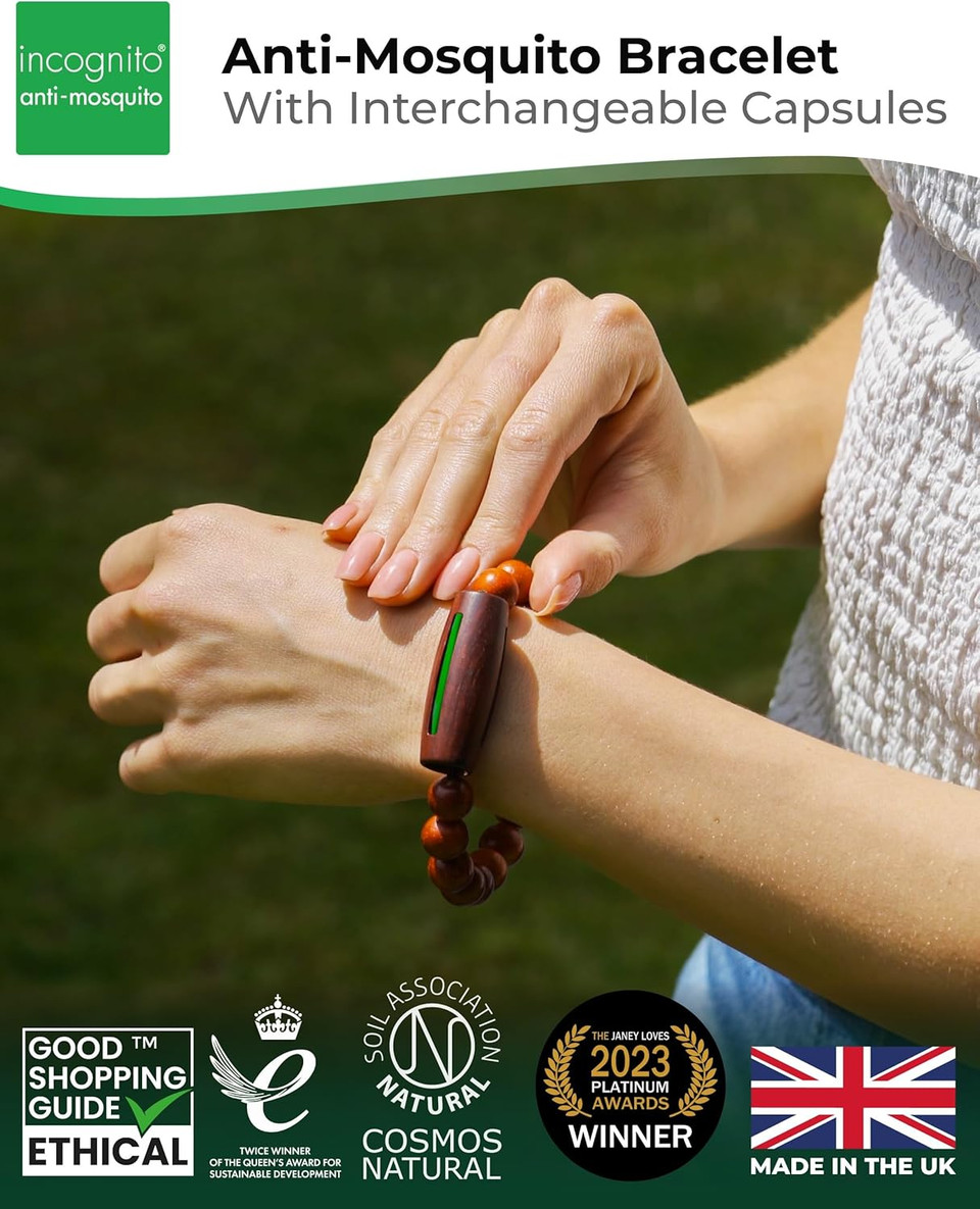 INCOGNITO - Compound Citronella Essential Oil Mosquito Repellent Bracelet - Lightweight Re-fillable Wooden With Interchangeable Capsules