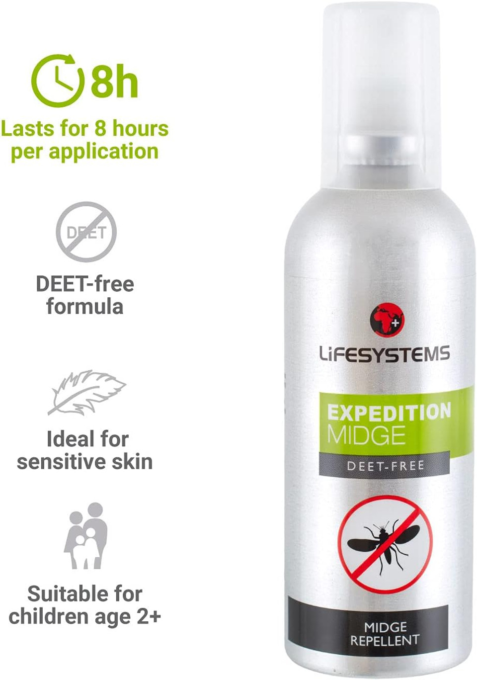 Lifesystems Deet Free Midge & Insect Repellent, Long Lasting For Sensitive Skin | Repels Midges, Mosquitoes, Ticks, Silver