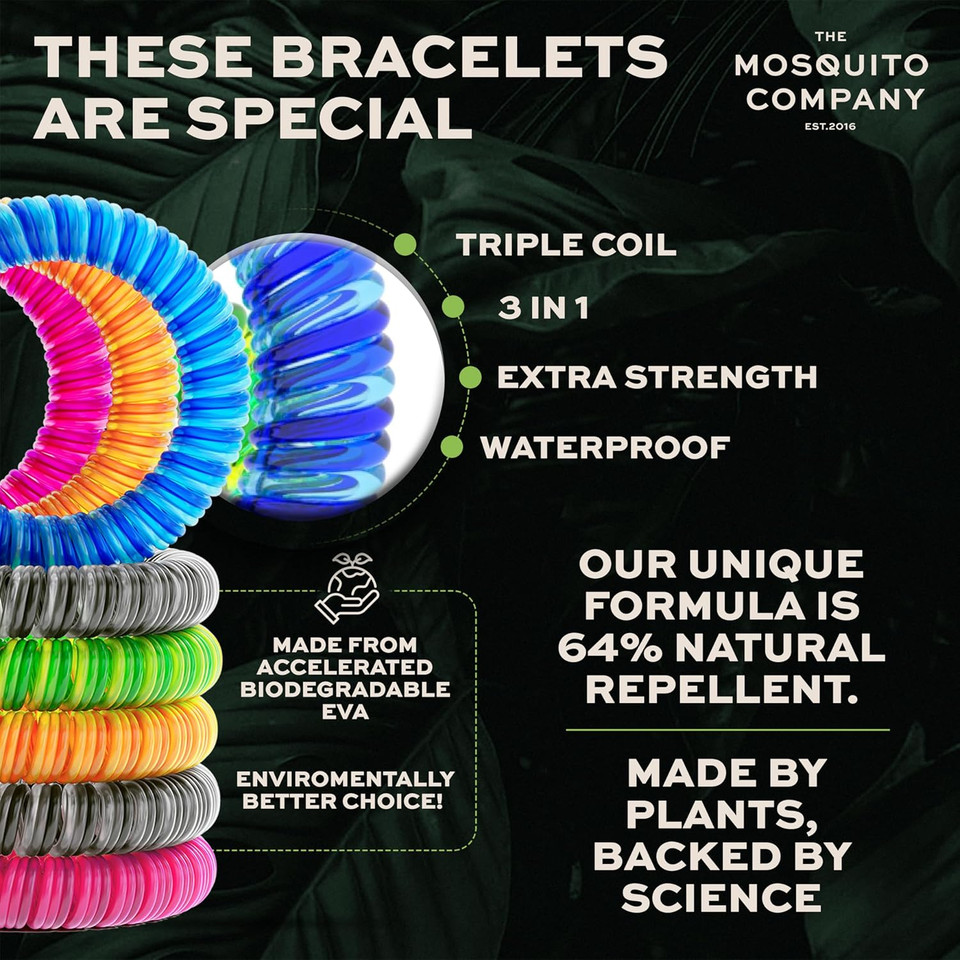 The Mosquito Company, Mosquito Repellent Bracelet, Insect Repellent Mosquito Bands, Triple Strength, Multi Coil Deet Free, Resealable Packaging, 250 Hours of Protection