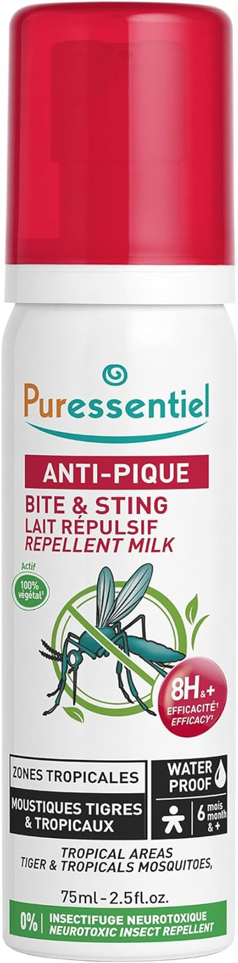 Puressentiel  Bite & Sting Waterproof Repellent Milky Lotion - Tropical Areas - Body and face  100% Natural Origin Formula Including citronella  8-Hour Efficacy - 75 ml