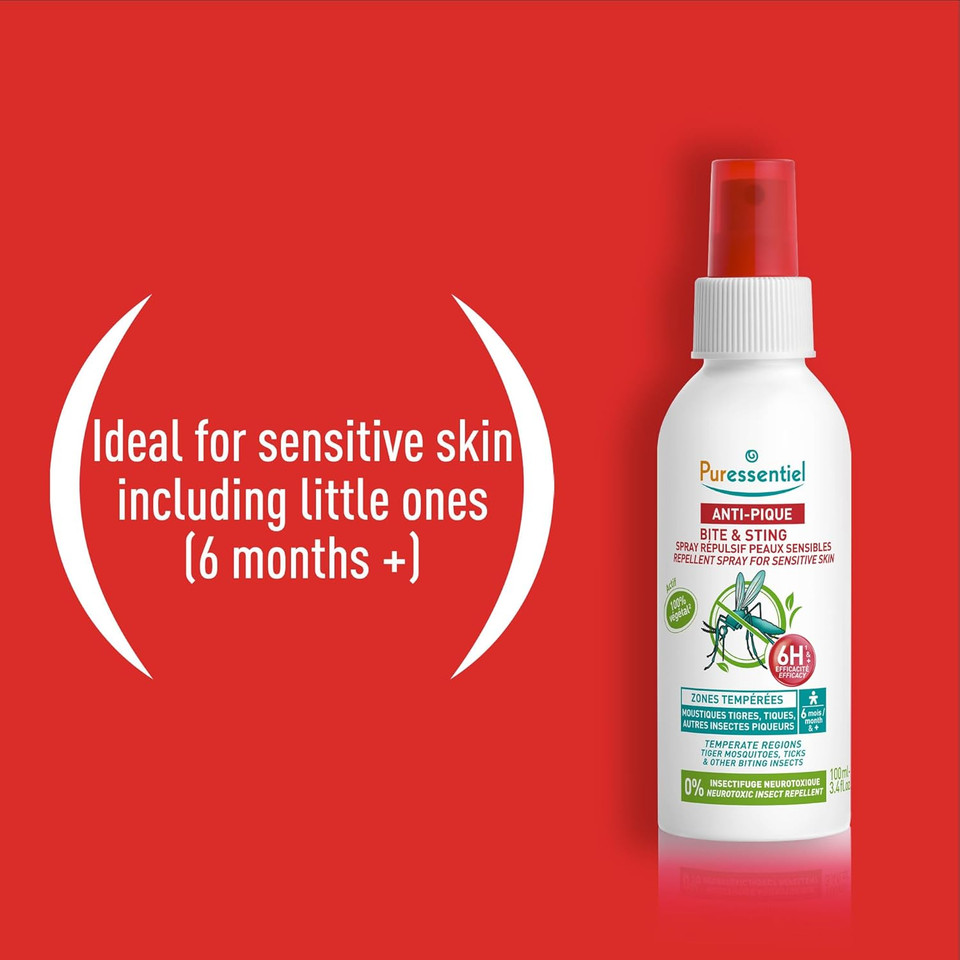Puressentiel  Family Bite & Sting Repellent Spray - Sensitive Skin  Temperate Zones -Body and face (Cheeks/Forehead) - 6h and Plus Efficacy - 100 ml