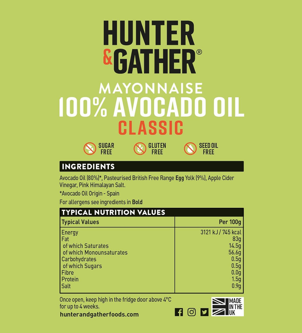 Hunter & Gather Avocado Oil Mayonnaise 2 x 250g | Seed Oil Free I Made with Pure Avocado Oil and British Free Range Egg Yolk | Paleo, Keto, Sugar and Gluten Free Avocado Mayo
