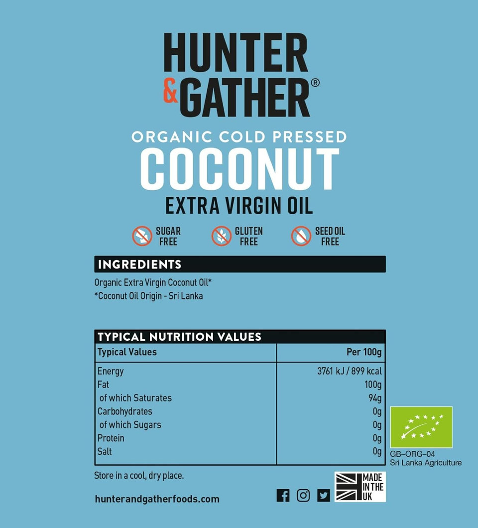 Hunter & Gather 100% Organic Cold Pressed Extra Virgin Coconut Oil 1l. Without Sugar, Cereals, Seeds and Palm Oil