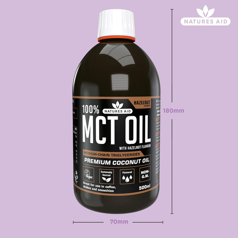 Natures Aid MCT Oil 500ml Hazelnut - Add to Coffee Shakes Smoothies or Dressings - 100 Percent Premium Coconut Oil Pure Sustainably Sourced Vegan Vegetarian GMP Standards Rapid Absorbed for Energy