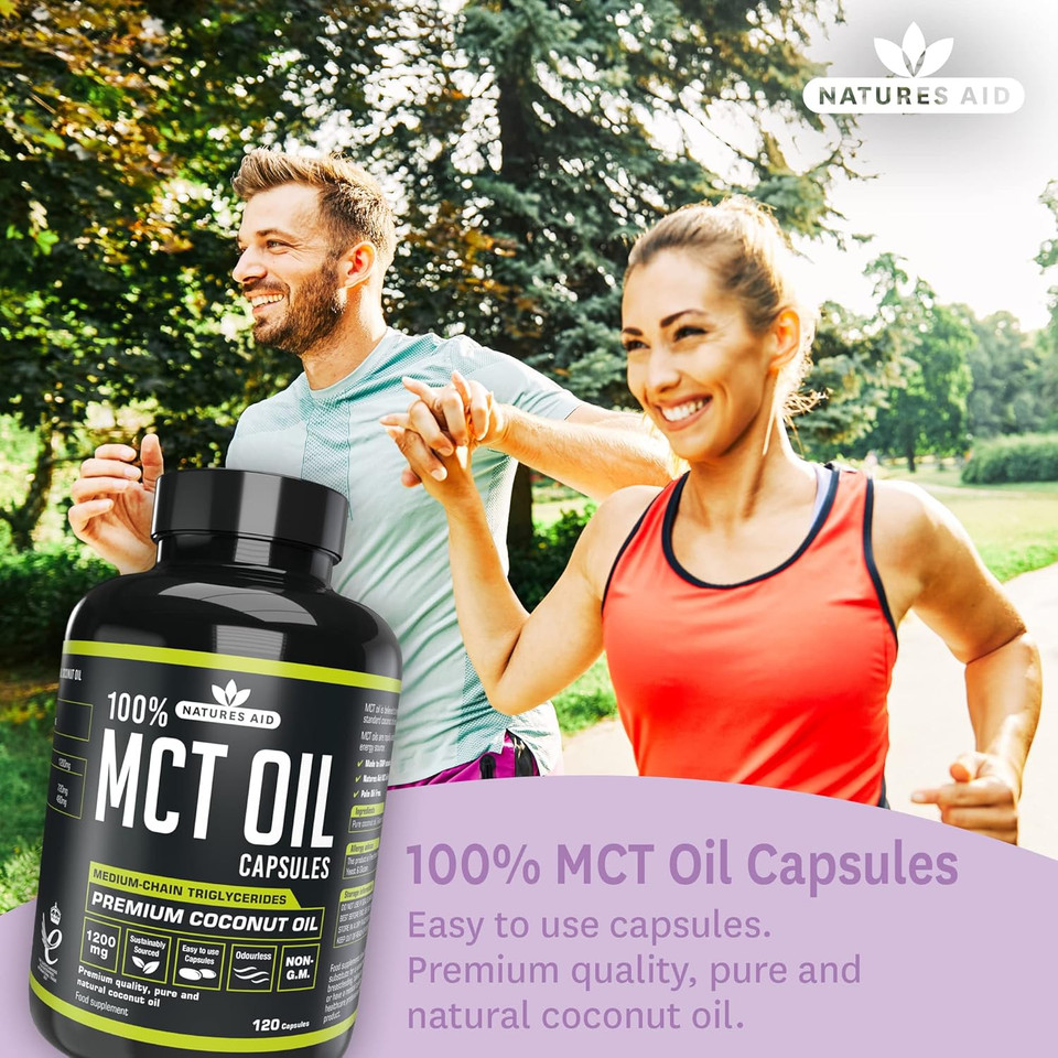 Natures Aid MCT Oil Capsules 1200mg 120 Capsules - Premium 100% Coconut Oil - Supports Energy Boost Metabolism Keto Weight Management - Vegan, Gluten-Free Essential Fatty Acids