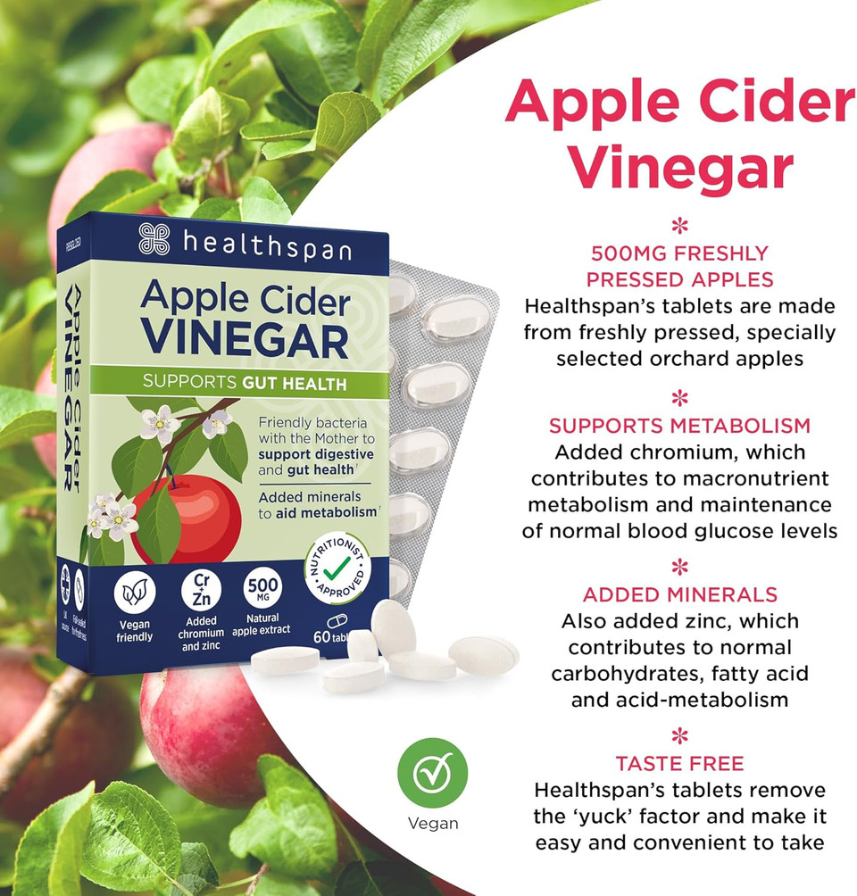 Healthspan Apple Cider Vinegar 500mg | Friendly Bacteria | Metabolism Support | Added Zinc & Chromium | Vegan (120 Tablets)