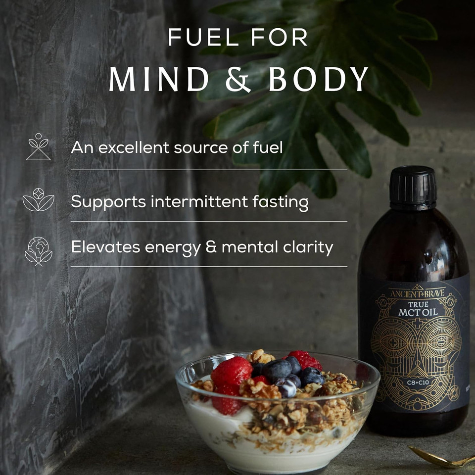 Ancient + Brave True MCT Oil 500ml - High C8 & C10 Blend, 100% Pure Coconut Oil, Sustainably Sourced - Perfect for Keto, Fasting & Cognitive Support - Vegan - Add to Coffee, Smoothies - Mental Clarity