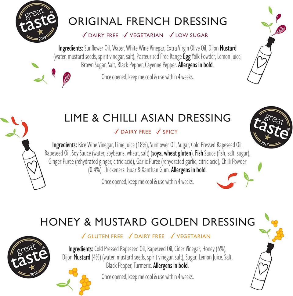 Lucys Dressings  Great Taste Bundle; Original French Dressing, Lime & Chilli Asian Dressing and Honey & Mustard Golden Dressing  3 x 250ml