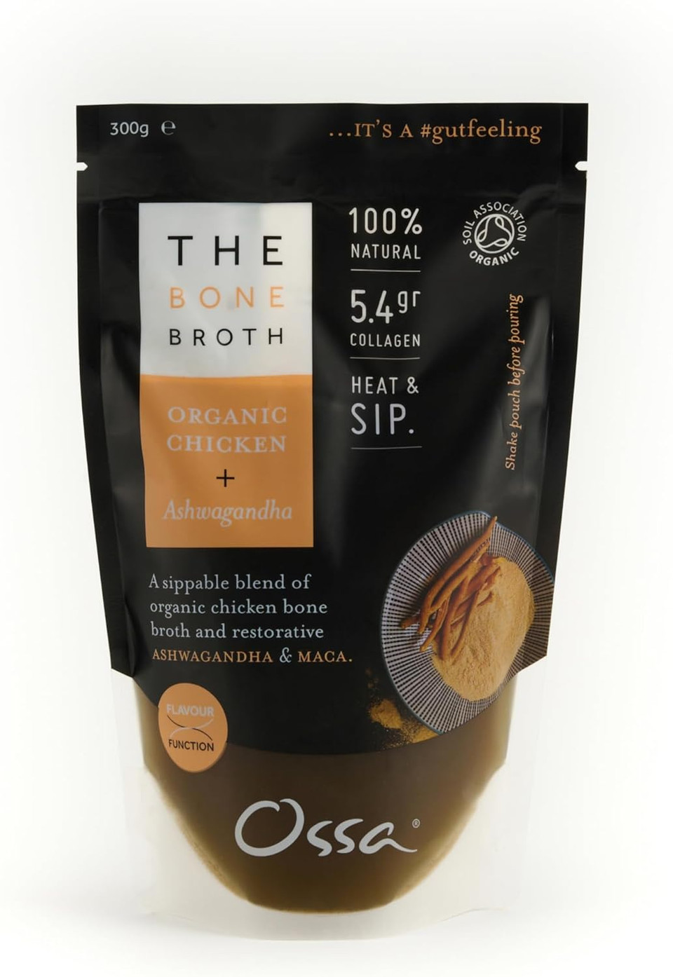 Ossa Organic Chicken Bone Broth with Ashwagandha  High-Protein, Gut-Healthy Superfood for Immunity & Stress Relief | Keto, Paleo, & Low-Carb Friendly | 300g  Frozen Ready-to-Heat Pouch