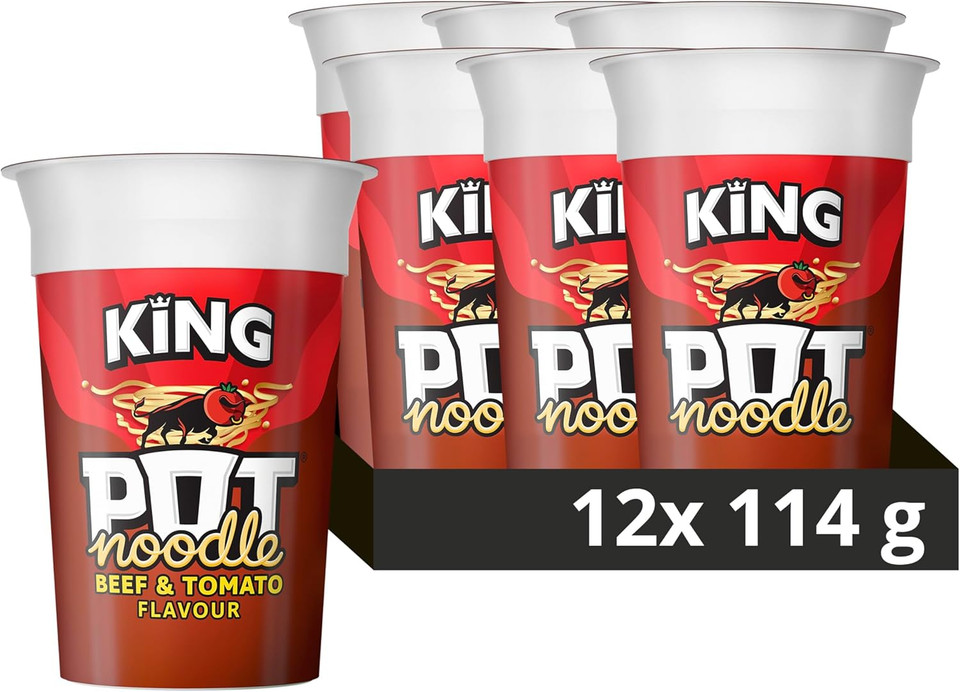 Pot Noodle King Pot Noodle Instant Vegetarian Snack quick-to-make noodles , Beef & Tomato Flavour 12x 114 g