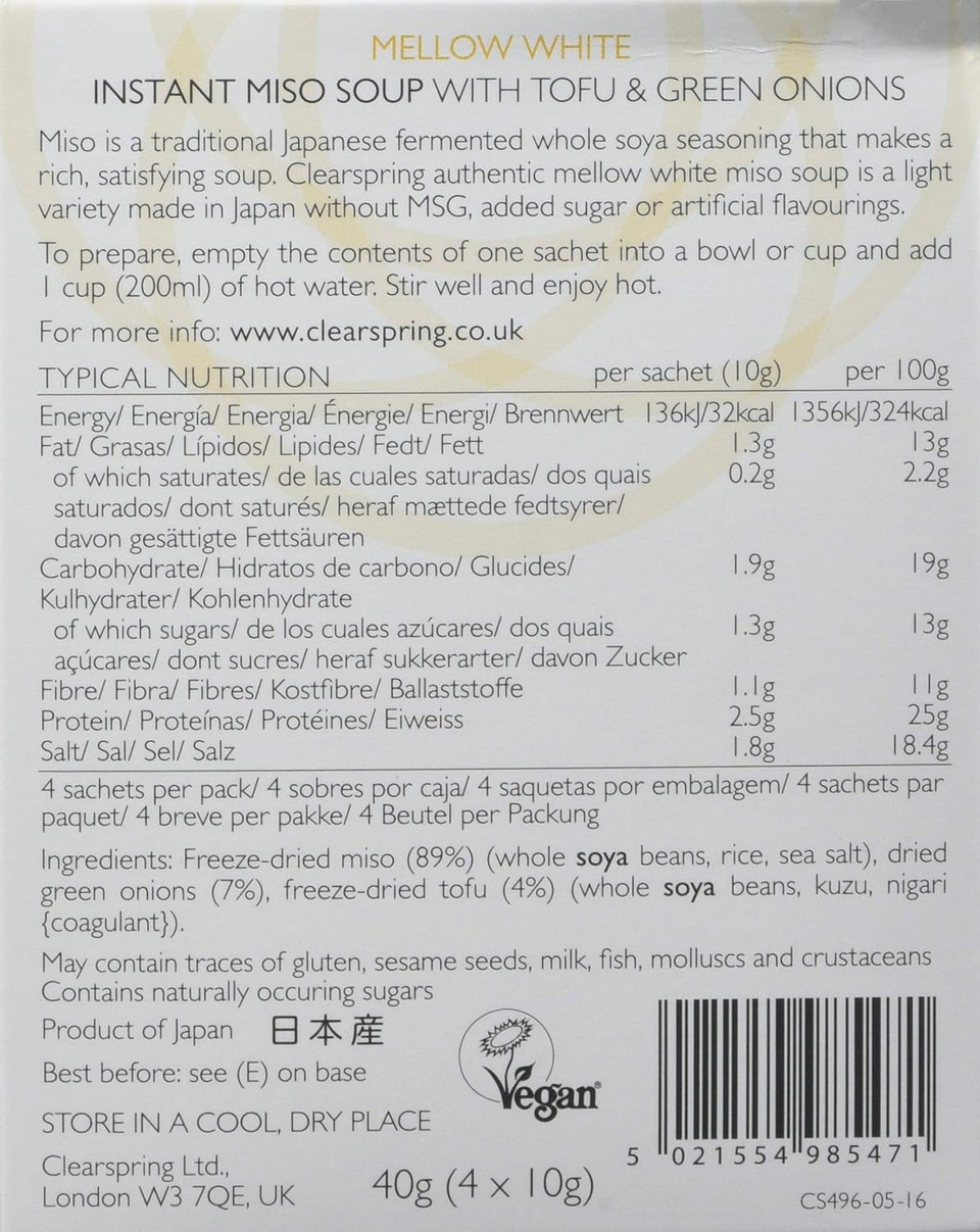 Clearspring Mellow White Miso Instant Soup with Tofu 40 g (Pack of 4)
