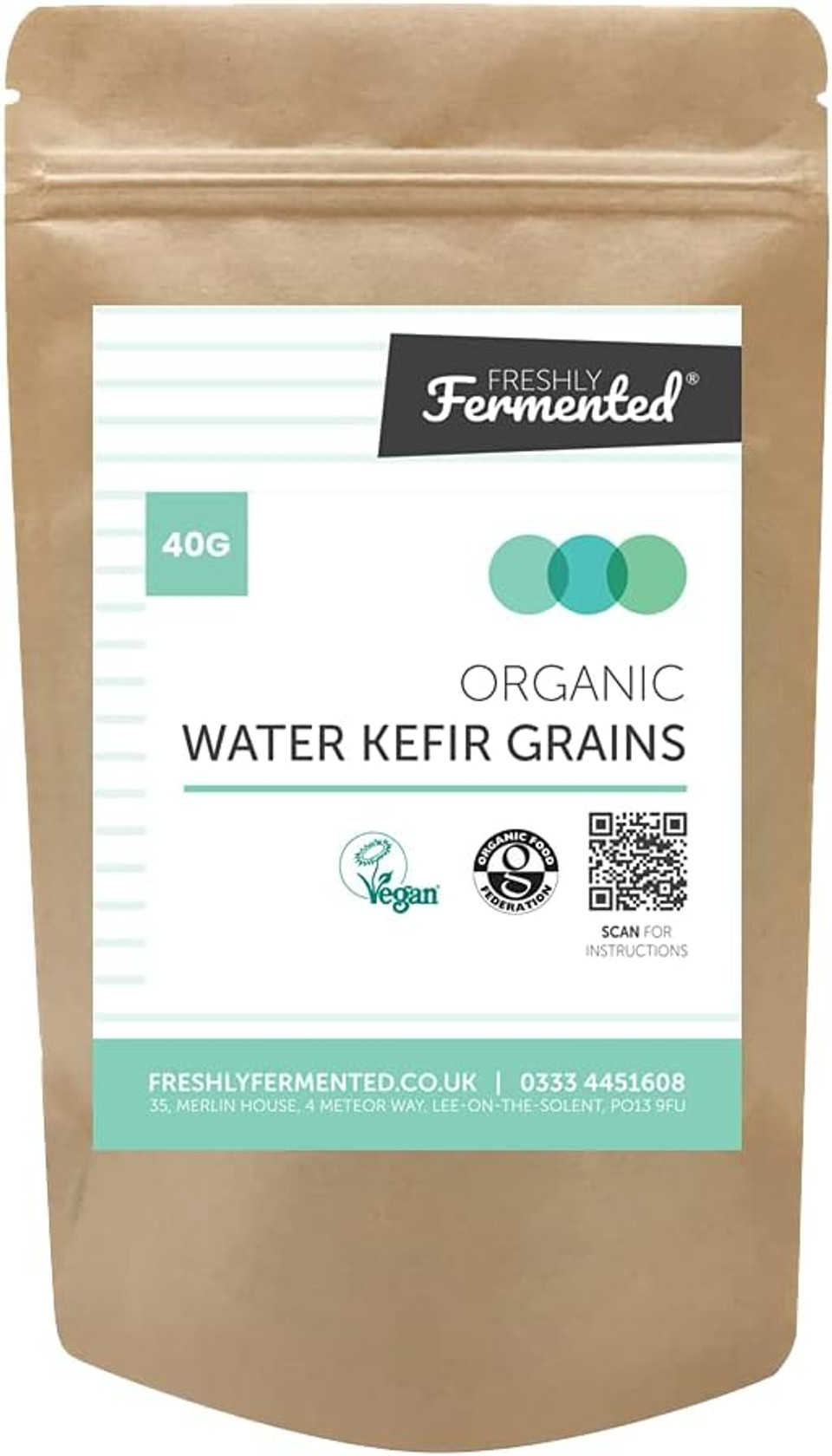 Freshly Fermented - Organic & Vegan Certified Water Kefir Grains Starter Culture, 40g