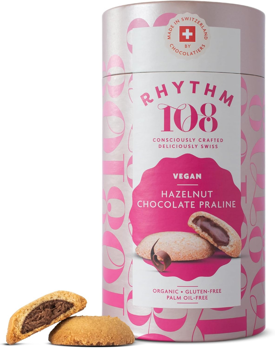 Rhythm 108 Swiss Vegan Hazelnut Chocolate Praline Biscuit Gift Tube 195g