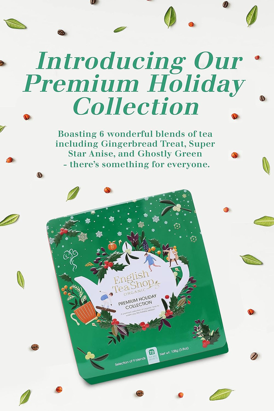 English Tea Shop Premium Holiday Collection Green Gift Tin | 72 Tea Bag Sachets | 108g