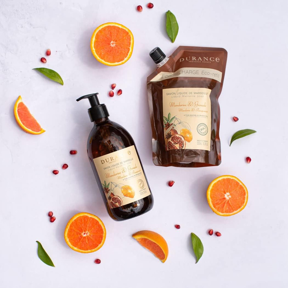 Durance Mandarin & Pomegranate Marseille Liquid Soap 500ml  Paraben-Free Hand & Body Wash With Olive Oil & Red Rice Extract  Vegan Friendly Shower Gel