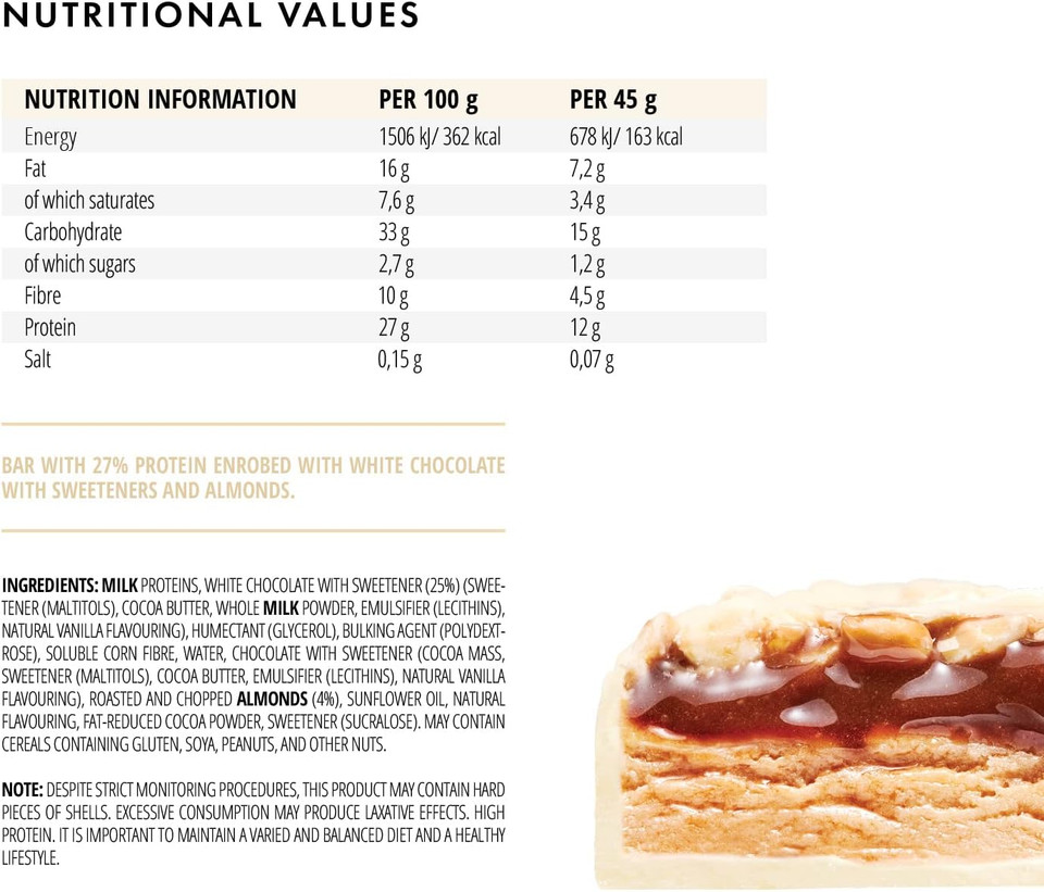 foodspring New Extra Chocolate Protein Bars - 13g protein per bar, no added sugar, nutritious post-workout or on-the-go snack - White Chocolate Almond - 45g, no of items: 12