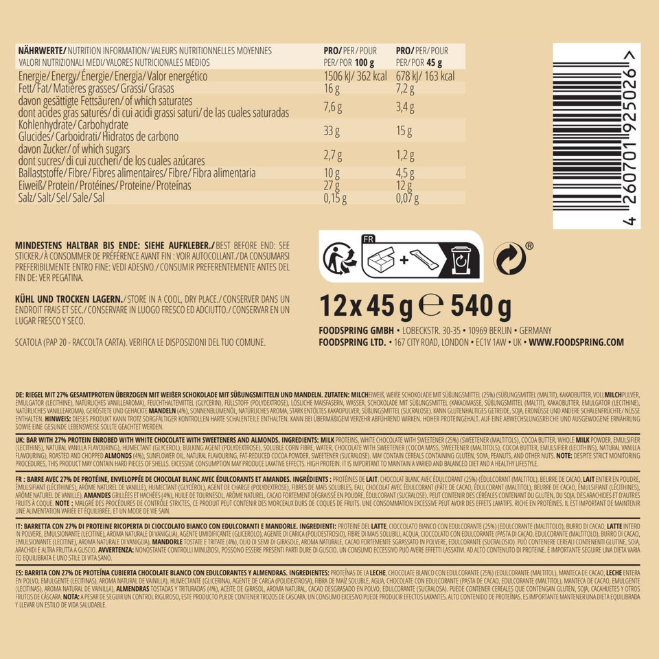 foodspring New Extra Chocolate Protein Bars - 13g protein per bar, no added sugar, nutritious post-workout or on-the-go snack - White Chocolate Almond - 45g, no of items: 12