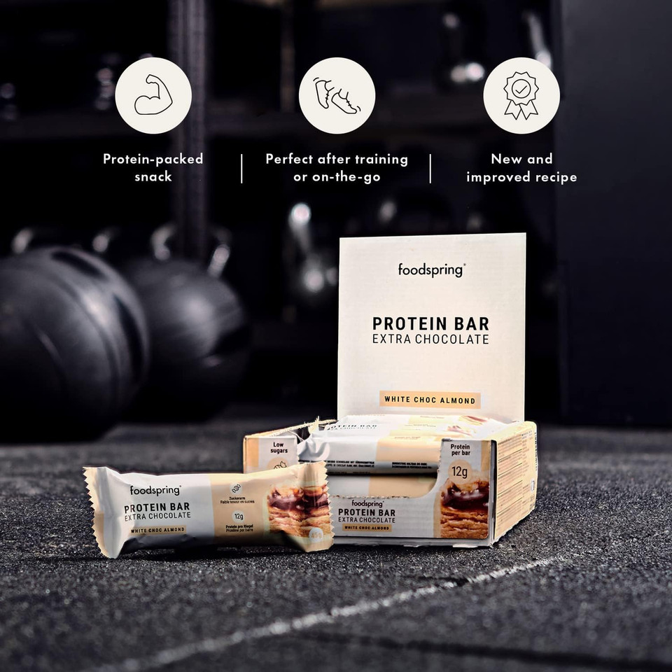 foodspring New Extra Chocolate Protein Bars - 13g protein per bar, no added sugar, nutritious post-workout or on-the-go snack - White Chocolate Almond - 45g, no of items: 12