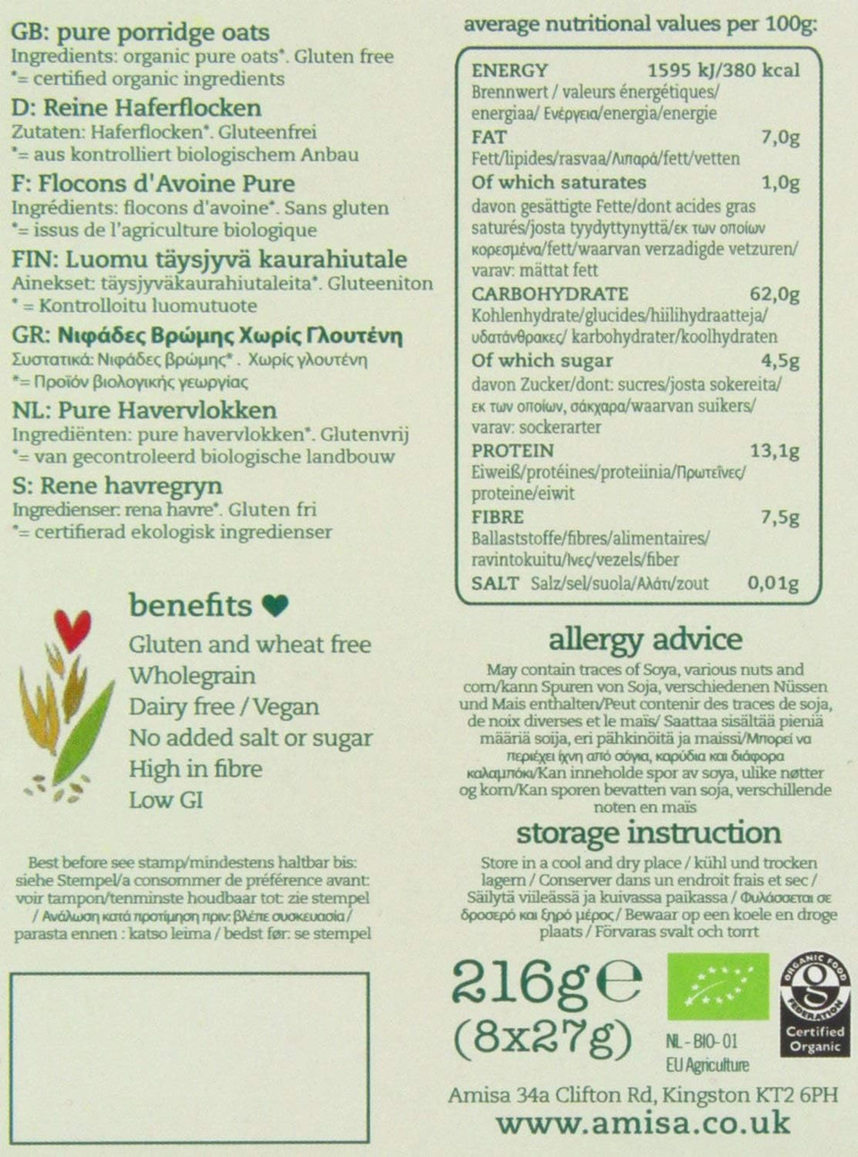 AMISA/HILDEGARD Gluten Free Organic Express Pure Porridge Oats Sachets 8x27g (PACK OF 1)