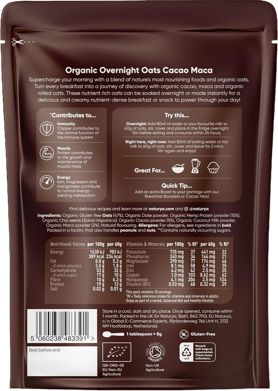 Naturya Organic Cacao Maca Overnight Oats - Gluten-Free with Hemp Protein, Rich in Magnesium, Vegan, No Added Sugar - 600g