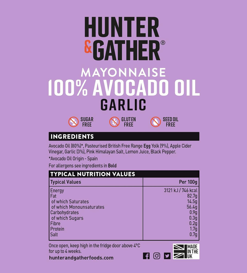 Hunter & Gather Garlic Avocado Oil Mayonnaise 2 x 175g | Seed Oil Free I Made with Pure Avocado Oil & British Free Range Egg Yolk | Paleo, Keto, Sugar and Gluten Free Avocado Mayo