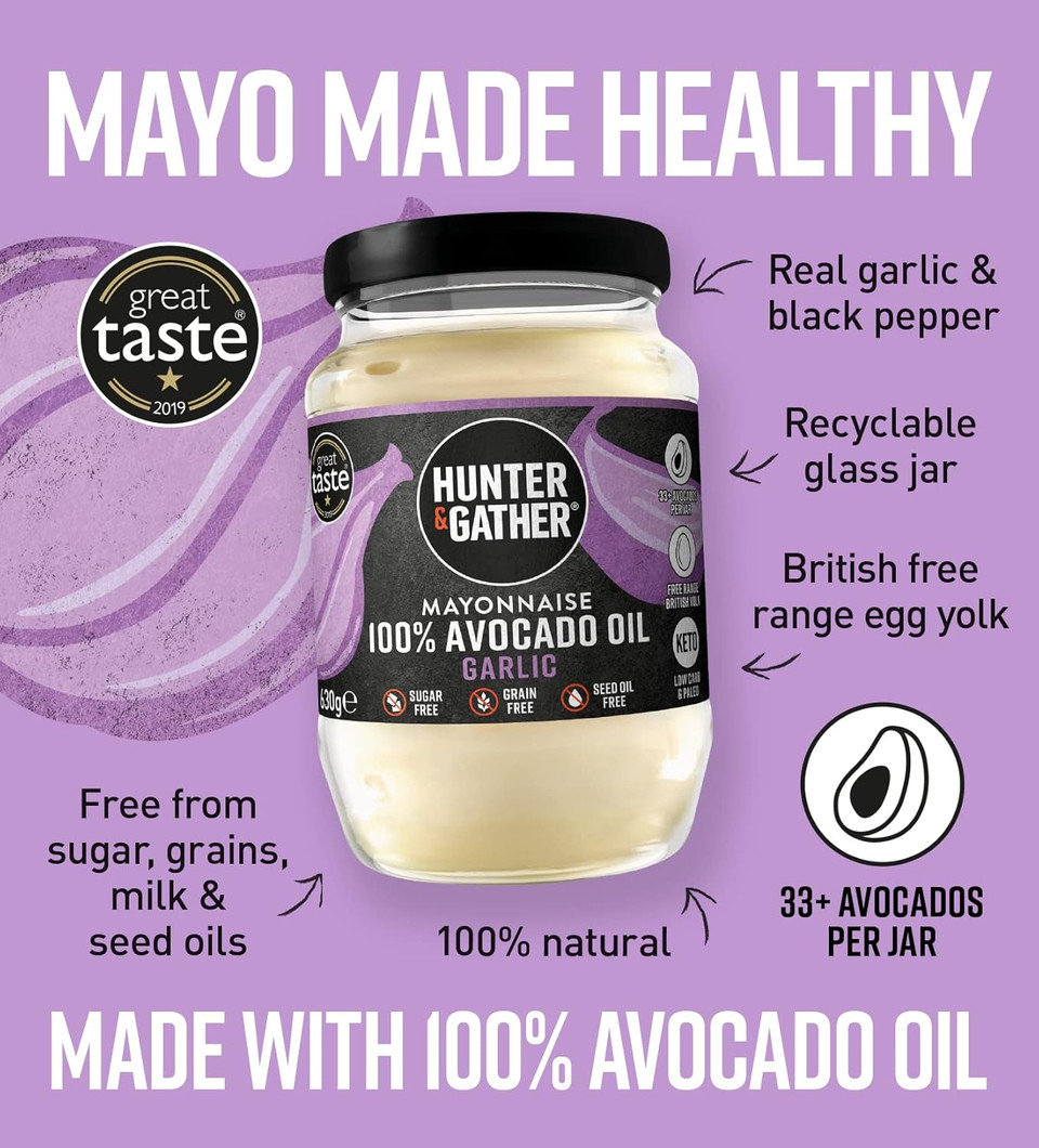 Hunter & Gather Garlic Avocado Oil Mayonnaise 2 x 175g | Seed Oil Free I Made with Pure Avocado Oil & British Free Range Egg Yolk | Paleo, Keto, Sugar and Gluten Free Avocado Mayo