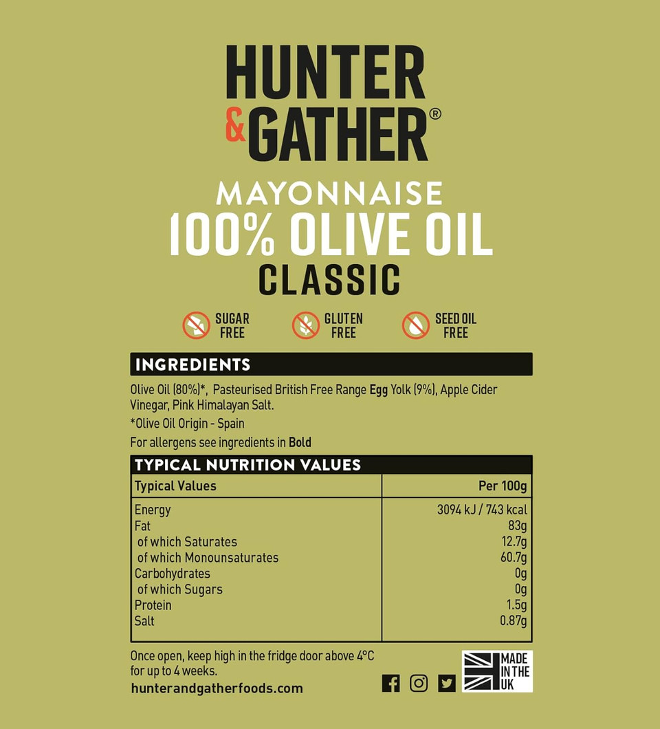 Hunter & Gather Olive Oil Mayonnaise 2 x 250g | Seed Oil Free I Made with Olive Oil & British Free Range Egg Yolk | Paleo, Keto, Sugar and Gluten Free Olive Oil Mayo