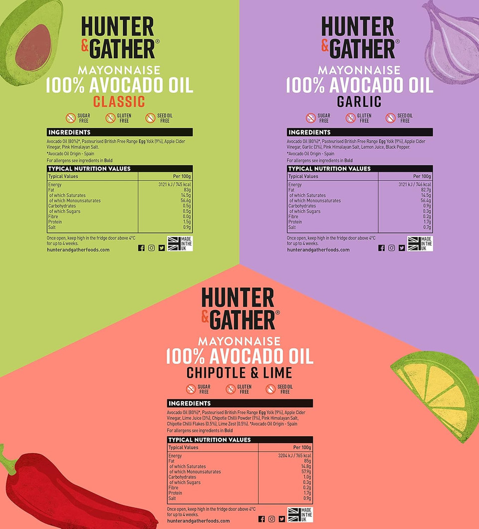 Hunter & Gather Avocado Oil Keto Seed Oil Free Mayonnaise Variety Pack 3x175g | 1xClassic, 1xGarlic, 1xChipotle & Lime | Made with Pure Avocado Oil & Free Range British Egg Yolk | Gluten & Sugar Free