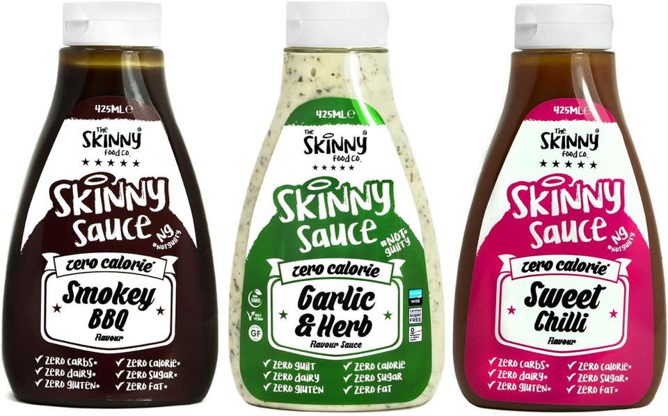 The Skinny Food Co Sweet Chilli, Garlic and Herb, Smokey BBQ Set of 3 Condiment Sauces Sugar Free Zero Calories, 425ml