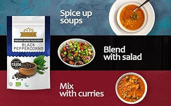 Ausha Organic Tellicherry Black Peppercorns 100g - 2** GREAT TASTE AWARD 2024 - UK Certified Organic by Soil Association - Salted