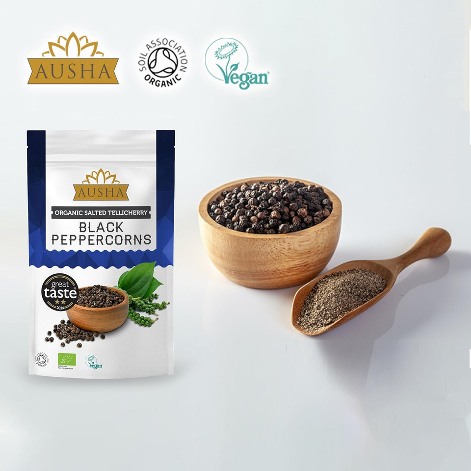 Ausha Organic Tellicherry Black Peppercorns 100g - 2** GREAT TASTE AWARD 2024 - UK Certified Organic by Soil Association - Salted
