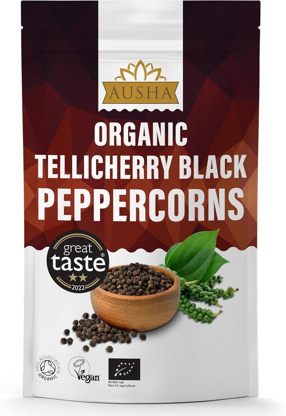 Ausha Organic Tellicherry Black Peppercorns Whole 100g - 2** GREAT TASTE AWARD - UK Certifed Organic by Soil Association