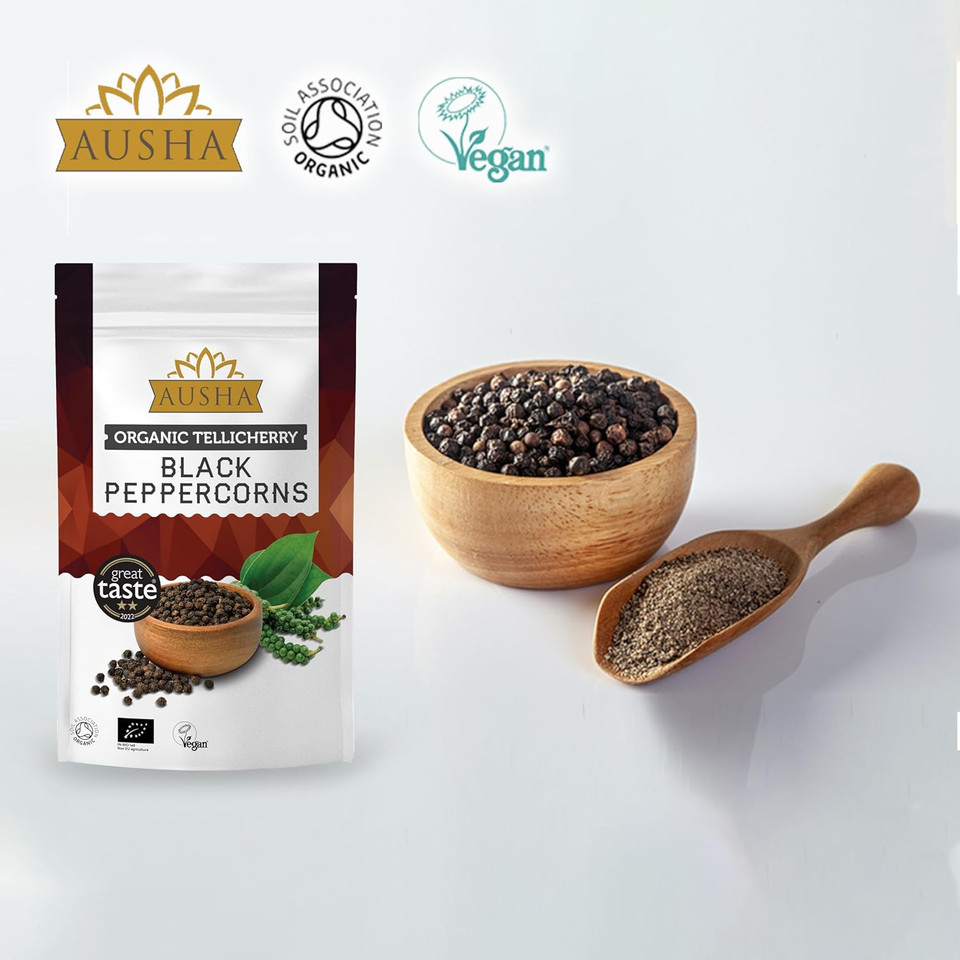 Ausha Organic Tellicherry Black Peppercorns Whole 100g - Smoked - UK Certified Organic by Soil Association - Premium Quality - 2** GREAT TASTE AWARD