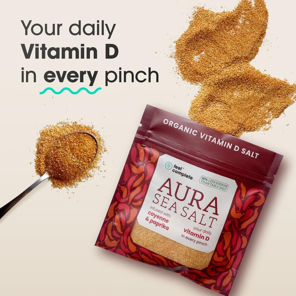 Your Daily Vitamin D in Every Pinch | Organic Aura Sea Salt | Infused Celtic Sea Salt with Cayenne & Paprika | 30% Less Sodium Than Table Salt | 5 Months of Vitamin D | 80g Resealable Pouch